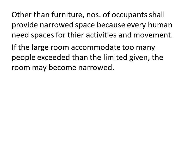 Other than furniture, nos. of occupants shall provide narrowed space because every human need